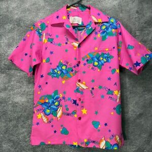 VTG 70s Hilo Hattie Hawaiian Shirt Mens S Hot Pink Hibiscus Flower Shells Stars